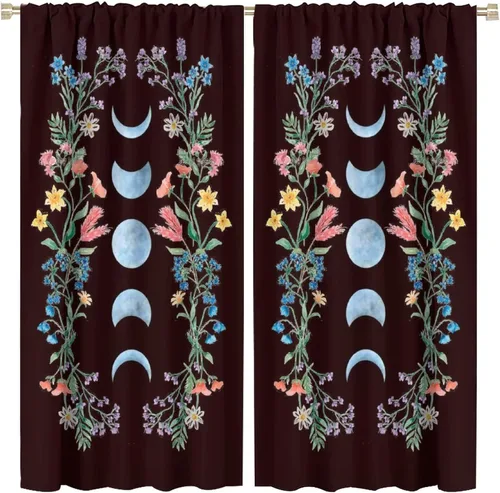Cortinas florales de luna, flores negras, fase de flores silvestres, luz de luna, jardín, estética, bohemio, primavera, vides, naturaleza, juego de