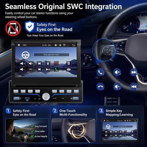 Miniatura 6 de Estéreo de Coche Individual DIN Apple Carplay y Android Auto 1 DIN 7 Pulgadas Pantalla Táctil Abatible Radio de Coche con Bluetooth y Micrófono