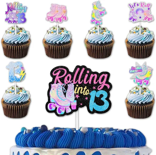 Miniatura 11 de 18 patines con purpurina, 12 piezas de decoración de cupcakes, 1 selección de decoración de pastel para 80 y 90, estilo retro, hip hop, patinaje