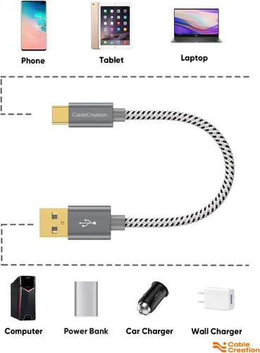 Miniatura 9 de CableCreation Cable USB C, cable corto USB a USB C 3A, cable de carga rápida trenzado USB C macho a USB macho para banco de energía, Galaxy S23