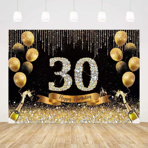 Miniatura 4 de AIBIIN Telón de fondo de 30 cumpleaños negro y dorado de 7 x 5 pies con texto en inglés "Cheers to 30" Anniversary Photography Background Women Gold