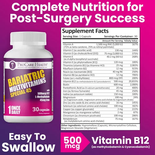 Miniatura 5 de ProCare Health Multivitamínico bariátrico con hierro (30 cápsulas) 45 mg de hierro con vitamina B12 reducida, vitaminas bariátricas postoperatorias