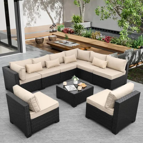 Miniatura 2 de Juego de 9 muebles seccionales de mimbre para exteriores para todo tipo de clima, mesa de patio seccional de vidrio, cojines antideslizantes y Caqui