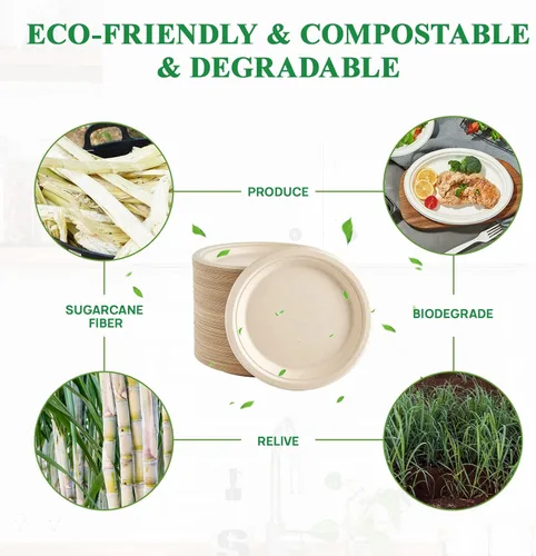 Miniatura 5 de Vplus 150 unidades de platos de papel 9 pulgadas 100% compostables, platos de papel desechables resistentes de bagazo natural biodegradable 9