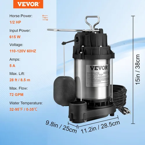 Miniatura 7 de VEVOR Bomba de sumidero sumergible de 1/2 HP, bomba de sumidero con superficie de acero inoxidable, cable de alimentación de 10 pies, descarga NPT