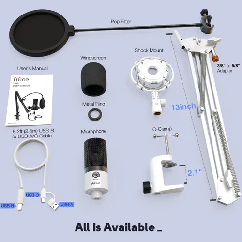 Miniatura 6 de Kit de micrófono de grabación USB FIFINE, micrófono de condensador de estudio para voces, creación de música, voz en off, canto con brazo de boom