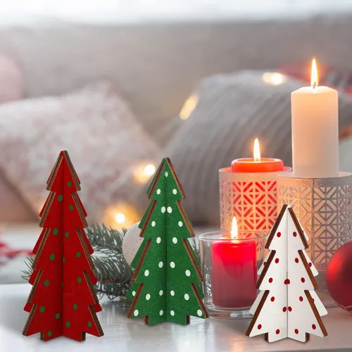 Miniatura 5 de Yookeer Decoración Navideña 3 Piezas Mesa de Madera Rústica Árbol de Navidad Granja Centro de Mesa de Madera Navideño para Mesa Pequeña Árboles