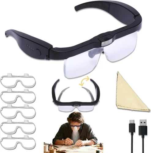Lupas profesionales con 5 lentes desmontables de 0.75 x 4.0 x y 3 luces LED, lupa recargable manos libres para trabajo cercano, manualidades y