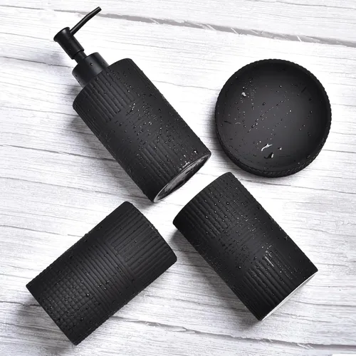 Miniatura 3 de Juego de Accesorios de Baño Negro Mate, Juego de Baño de Cerámica con Relieve de 4 Piezas Completo - Portacepillos de Dientes, Dispensador de Jabón