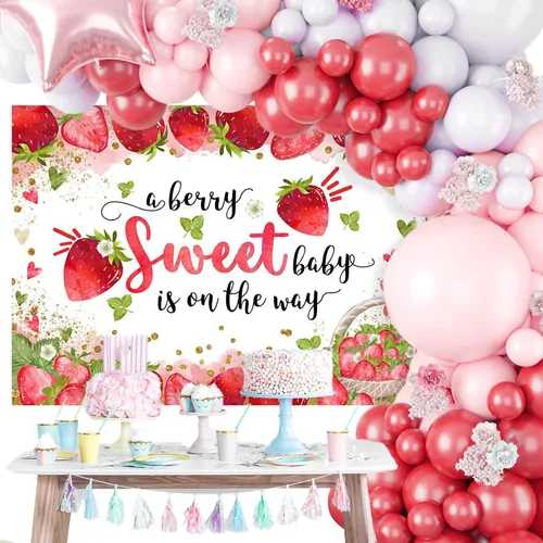 Miniatura 3 de Mocsicka Telón de fondo de fiesta de baby shower de fresa, 6 x 4 pies, decoración de fiesta de baby shower, con texto en inglés "A Berry Sweet Baby