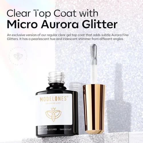 Miniatura 5 de Modelones Esmalte de uñas en gel con purpurina, acabado brillante ultra fino blanco con aurora, purpurina transparente, acabado brillante con A1