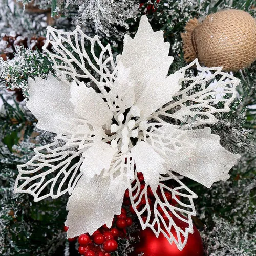 Miniatura 15 de Paquete de 12 flores de Pascua artificiales con purpurina para corona de Navidad, adornos de flores para árbol de Navidad, 6'' (16cm) de diámetro