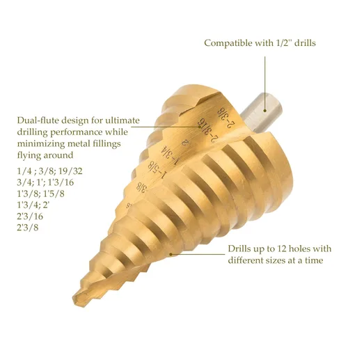 Miniatura 6 de ZELCAN Broca Escalonada de Ranura Espiral HSS Grande, 12 Tamaños Acero de Alta Velocidad con Titanio de 1/4" a 2-3/8" Pulgadas para Perforación