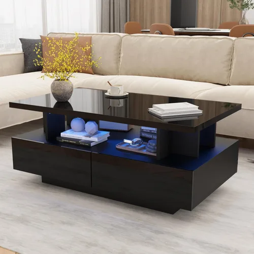 MHOM Mesa de centro LED de 41.3 pulgadas, moderna mesa de sala de estar de alto brillo con 4 cajones, elegante mesa central para sala de estar, Negro