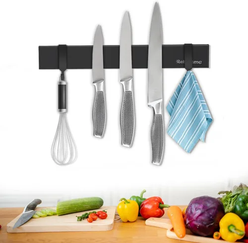 Soporte magnético para cuchillos para pared, tira magnética negra de 10 pulgadas sin taladrar con 2 ganchos, soporte magnético para cuchillos de