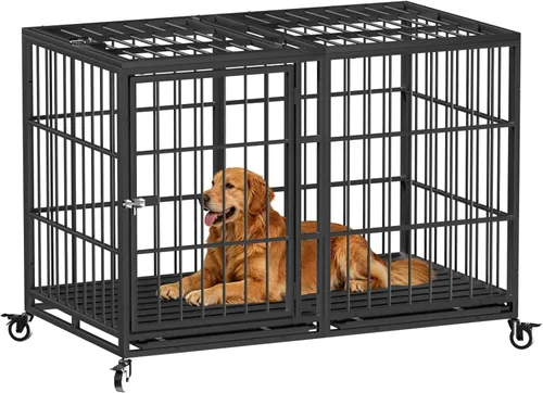 Miniatura 10 de Snuowu Jaula para perros de alta resistencia de 42 pulgadas con ruedas, jaula indestructible a prueba de escapes para perros grandes, extragrande