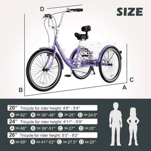 Miniatura 7 de H&ZT Triciclo para adultos, bicicleta de 3 ruedas, triciclo crucero, con cambio de 7 velocidades, manilla de freno de estacionamiento, paso bajo