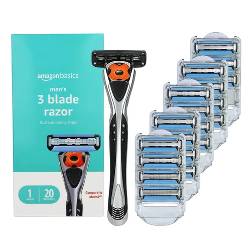 Amazon Basics - Maquinilla de afeitar de 3 cuchillas con esfera de movimiento para hombre y lubricación dual, mango y 20 cartuchos, solo para asas