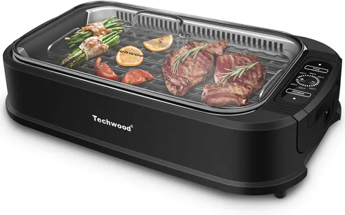 Parrilla para interiores, Techwood 1500W sin humo con tapa de vidrio templado, parrilla eléctrica compacta y portátil antiadherente con control de 6
