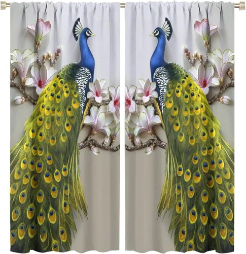 Miniatura 65 de Cortina opaca con estampado de pavo real, con estampado de animales retro, con bolsillo para cortinero y flores de peonía doradas, para dormitorio