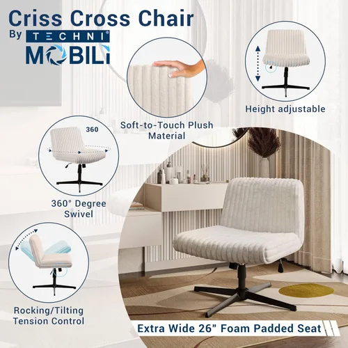 Miniatura 4 de Silla cruzada sin brazos, silla de escritorio de oficina extra ancha sin ruedas, asiento acolchado extra grande de 26 pulgadas para sentarse