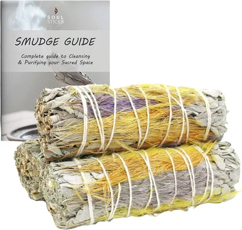SOUL STICKS Paquete de 3 barras de salvia blanca floral con flores para limpiar el hogar, meditación, yoga, curación y manchas, California de origen