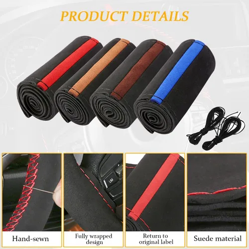 Miniatura 4 de Funda para volante de automóvil, protector envolvente completo de gamuza suave para volante con costura, con aguja e hilo, agarre cómodo, accesorios