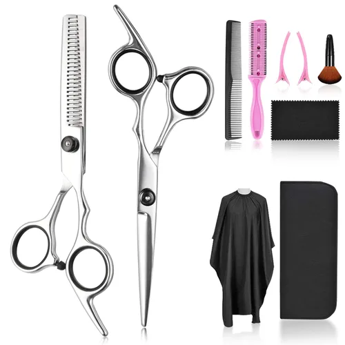 Fcysy Kit profesional de corte de pelo de peluquero afilado de 10 piezas, juego de tijeras de adelgazamiento, tijeras de corte de pelo y tijeras de