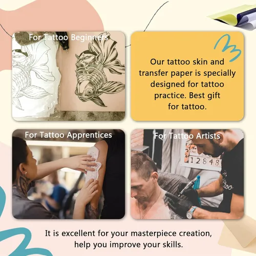 Miniatura 7 de Piel de tatuaje con papel de transferencia, kit de 40 piezas de piel falsa y papel de plantilla, incluye 20 piezas de piel de práctica de doble cara