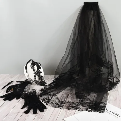 Miniatura 7 de Velo de encaje negro de Halloween, velo de boda con peine guantes de encaje negro y máscara de ojos para mujer, regalo de Halloween, juego