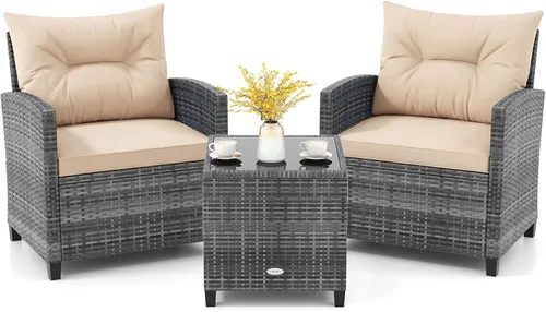 KOTEK Juego de muebles de patio de 3 piezas, juego de conversación de ratán PE para exteriores con cojines lavables y mesa de vidrio templado,