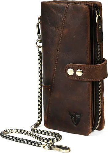 Genuino Caballo Loco Cuero Regalo de Viaje Moneda Bolsillo Tarjetero Organizador Largo Cadena Rfid Cartera Monedero Con Broche Para Hombres Hombres