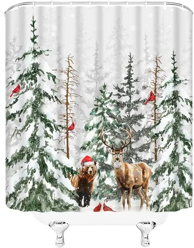 Miniatura 3 de Cortina de ducha con diseño de oso de ciervo, bosque de invierno, animales salvajes, pájaros rojos, alce, escena de nieve, pino, abeto, Navidad