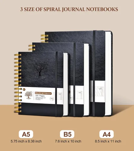 Miniatura 3 de Cuaderno de espiral rayado de 8.5"×11", 300 páginas con tapa dura de cuero, diarios para mujeres y hombres, cuadernos universitarios rayados A4