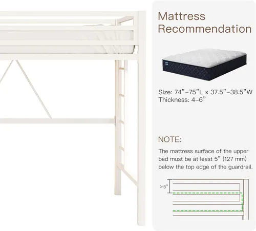 Miniatura 4 de ikalido - Cama elevada de metal tamaño individual con barandilla de seguridad y escalera, no requiere somier, ahorra espacio, mueble para Blanco