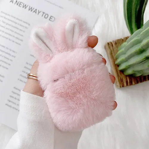 Miniatura 2 de Guppy Compatible con AirPods Furry Bunny Case Girls 3D Cartoon Cute Rabbit Ears Plush Fluffy Warm Funda de transporte suave funda protectora Rosa