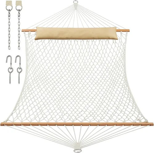 Miniatura 9 de JoyView Hamaca doble de cuerda tradicional, hamaca de algodón tejida a mano con barra separadora de madera dura y almohada, capacidad de 450 libras