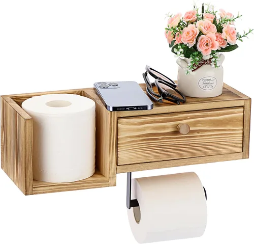 Sumnacon Soporte de papel higiénico rústico - Soporte de pared vintage con estante para baño, decoración de cocina, madera clara