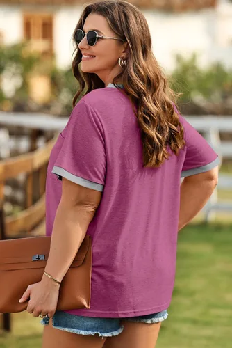 Miniatura 48 de Eytino Blusas de talla grande para mujer, cuello en V, manga corta, a rayas, casual, holgada, con bolsillo (1X-5X)