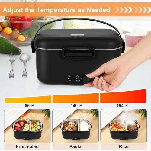 Miniatura 3 de Fiambrera eléctrica calentador de alimentos 1.8L - 100W Control mecánico de temperatura para adultos, 12V/24V/110V Fiambrera de calentamiento rápido
