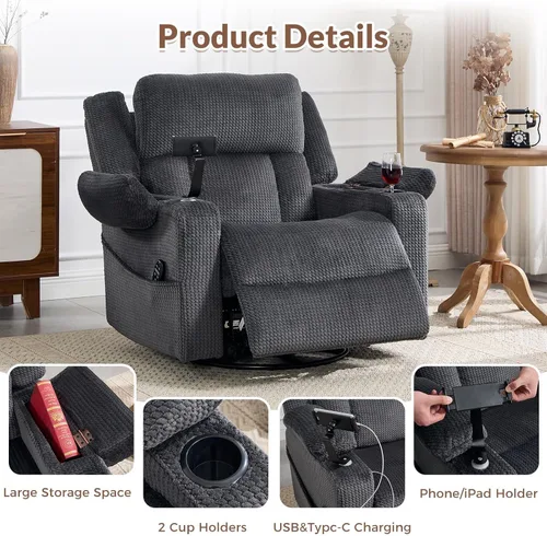 Miniatura 7 de Dual Motor Large Power Recliner Chair with Massage and Heat 270 Swivel Rocker Recliners with Adjustable Headrest Phone Holder for Living Room