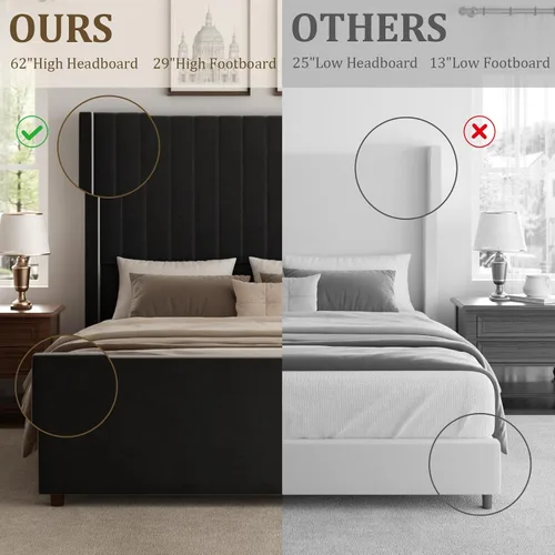 Miniatura 5 de Base de cama tamaño Queen, plataforma tapizada de terciopelo con cabecera y estribo de 62 pulgadas de alto, diseño de rayas verticales, somier Negro