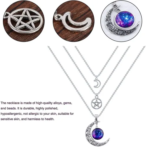 Miniatura 7 de MJartoria Collar de pentagrama de luna, collar de chakra de cristal, colgante, con dije, cadena de aleación multicapa, conjunto de gargantilla