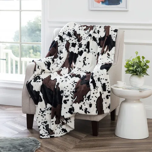 Manta de felpa de piel sintética con estampado de vaca, 300 GSM, suave, occidental, de doble cara, color negro, blanco y marrón, manta ligera y