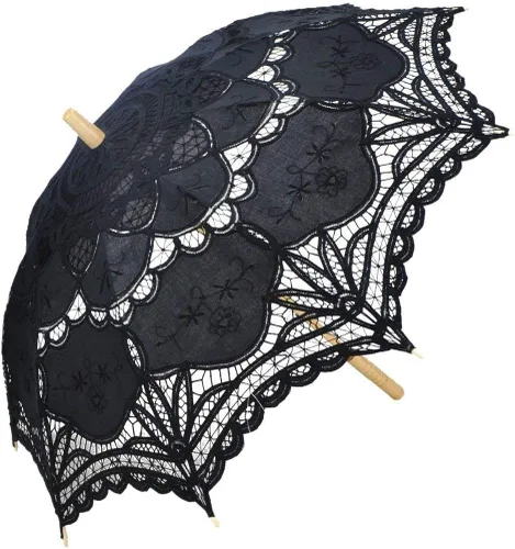 Miniatura 3 de Sombrilla de encaje para boda para novia de algodón a la moda con mango de madera color negro