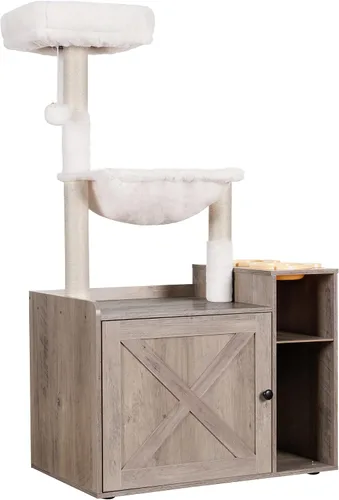 Miniatura 12 de Hey-brother Árbol para gatos con recinto de caja de arena XL, torre para gatos todo en uno para gatos de interior con hamaca grande, cama, estación
