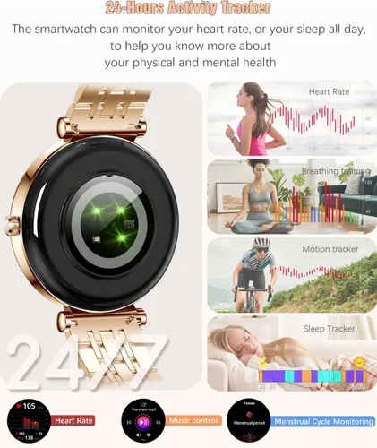 Miniatura 4 de Reloj para mujer, pantalla AMOLED HD de 1.25 pulgadas, reloj inteligente para mujer, rastreador de actividad física con monitor de frecuencia Dorado