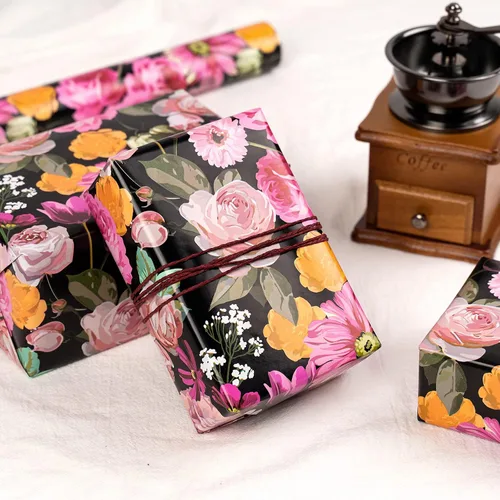 Miniatura 7 de WRAPAHOLIC Papel de regalo floral reversible, mini rollo, 17 pulgadas x 33 pies, diseño floral colorido negro para cumpleaños, día de la madre
