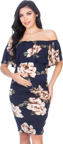 My Bump Womens Off Shoulder Maternity Dress - Ruched Ruffle Off Shoulder Baby Shower Pregnancy Dress (Made in USA)