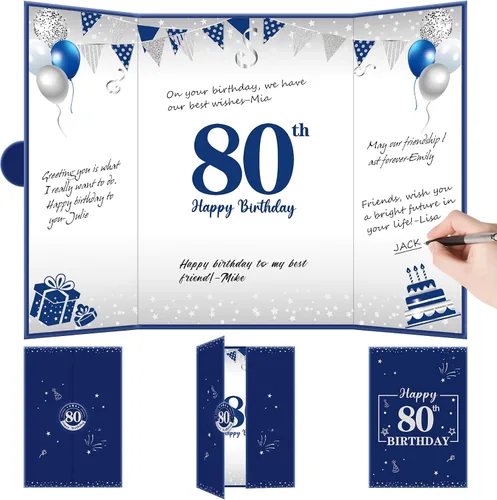 Miniatura 7 de Tarjeta decorativa grande de cumpleaños azul plateado para hombres y niños, libro de firmas, tarjetas gigantes, suministros de fiesta, libro